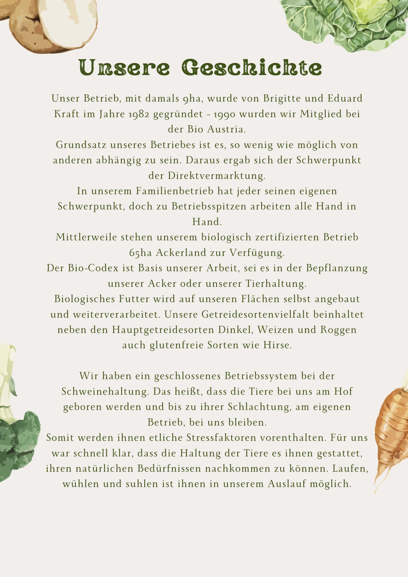 Ein Bild eines Bauernhofs mit einem Schwein, Karotten und einem Ferkel. Der Bauernhof praktiziert Direktvermarktung und hat ein geschlossenes System zur Schweinehaltung. Sie bauen ihr eigenes Futter an, einschließlich glutenfreier Körner. Der Hof legt Wert auf das natürliche Verhalten und das Wohlbefinden der Schweine.
