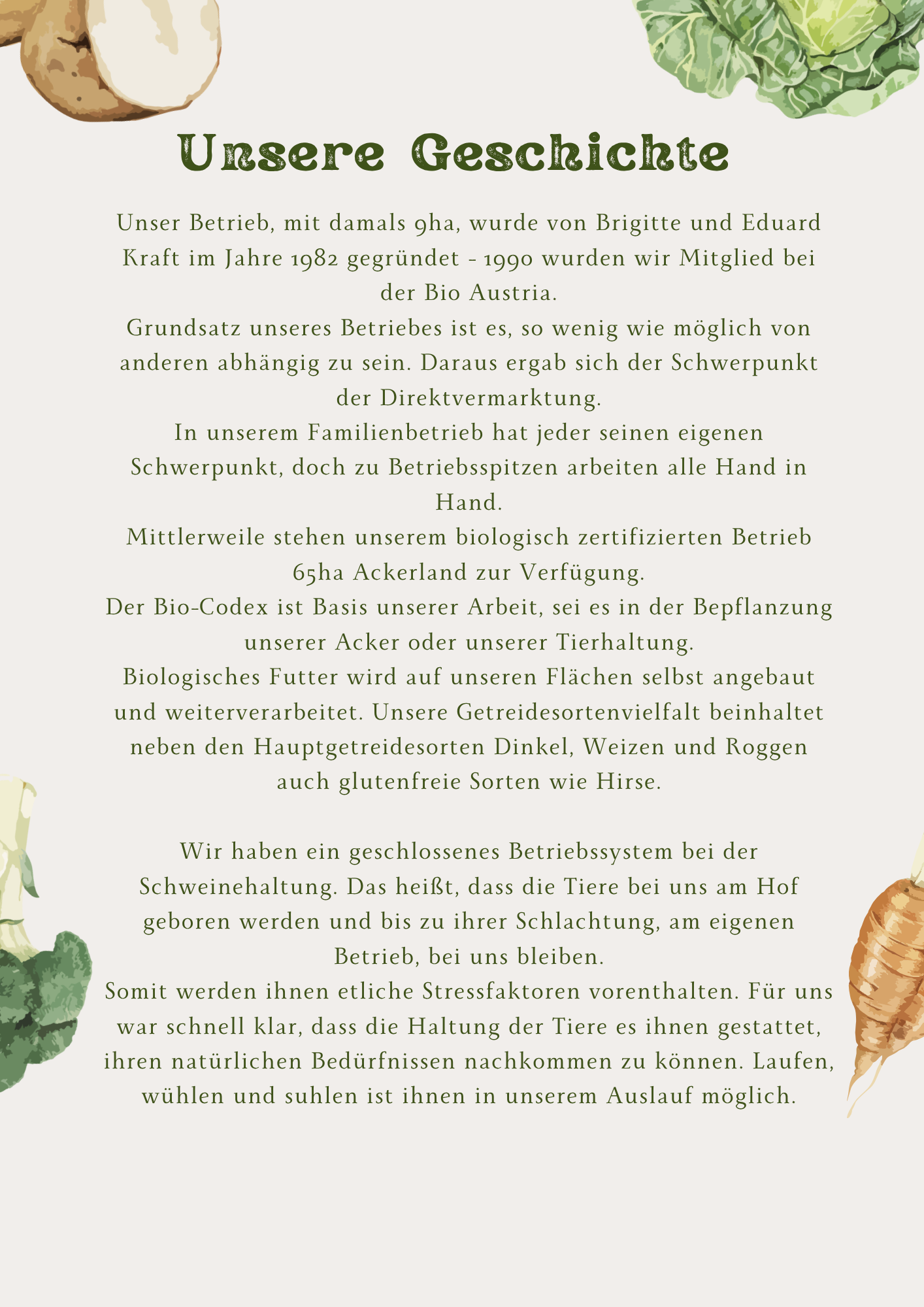 Ein Bild eines Bauernhofs mit einem Schwein, Karotten und einem Ferkel. Der Bauernhof praktiziert Direktvermarktung und hat ein geschlossenes System zur Schweinehaltung. Sie bauen ihr eigenes Futter an, einschließlich glutenfreier Körner. Der Hof legt Wert auf das natürliche Verhalten und das Wohlbefinden der Schweine.