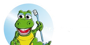 Ein gezeichneter Frosch mit einem gelben Panzer hält eine Zahnbürste und lächelt.