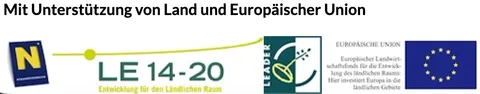 Ein Grafik mit Logos und Text auf Deutsch. Der Text lautet 'Mit Unterstützung von Land und Europäischer Union'. Die Logos umfassen ein blaues 'N', ein grünes 'LE 14-20' und die Flagge der Europäischen Union.