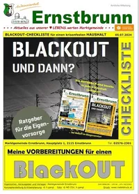Ein Plakat für Ernstbrunn, eine Marktgemeinde, mit einer Blackout-Checkliste für einen krisensicheren Haushalt.