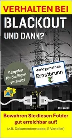 Ein gelbes und schwarzes Plakat mit einer Warnung vor einem Stromausfall. Es zeigt einen Stromleitungsmast und eine Stadtsilhouette. Der Text lautet 'Verhalten bei Blackout und dann?' und enthält ein Symbol für Notfallvorsorge.