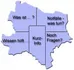 Eine Karte einer Region mit verschiedenen Bereichen, die 'Was ist..?', 'Notfälle - was tun?', 'Kurz-Info', 'Noch Fragen?' und 'Wissen hilft...' beschriften.