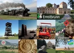 Eine Collage von Bildern mit einer Dampflokomotive, einem Schloss, einem Turm, einem roten Wagen, einem Spiralfossil und einem Gebäude.