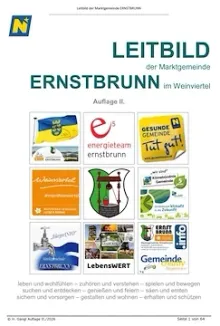 Die Titelseite eines Dokuments mit dem Titel 'Leitbild Ernstbrunn'. Es zeigt eine Reihe von Logos und Symbolen, darunter eine Flagge, einen Wassertropfen, ein Haus, eine Person und ein Gemeinschaftssymbol. Das Dokument scheint ein Gemeindeführer oder ein Bericht zu sein.
