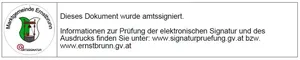 Das Bild zeigt ein Dokument mit einem Wasserzeichen, das 'Marktgemeinde Ernstbrunn' lautet. Das Dokument ist unterschrieben und enthält Informationen zur Überprüfung der elektronischen Signatur.