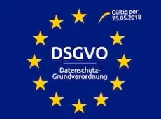 Das Bild zeigt das Logo der Datenschutz-Grundverordnung der Europäischen Union, das aus einem Kreis gelber Sterne besteht, mit dem Text 'DSGVO' in der Mitte, zusammen mit dem deutschen Text 'Datenschutz-Grundverordnung' und dem Datum '25.05.2018'.