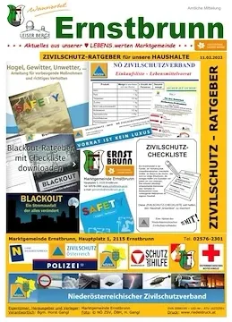 Ein Magazincover mit dem Titel 'Ernstbrunn' mit verschiedenen Sicherheits- und Notfallinformationen. Es enthält eine Sicherheitscheckliste, Blackout-Rate und Notfallkontaktnummern.