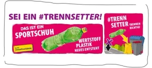 Ein Poster mit einer grünen Plastikflasche, die mit 'WERTSTOFF PLASTIK' beschriftet ist, und einem gelben Mülleimer mit gelbem Deckel.