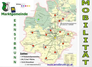 Eine Karte von Ernstbrunn, Österreich, die 14 Gemeindebezirke, 80,71 km2 Land und 3141 Einwohner zeigt.