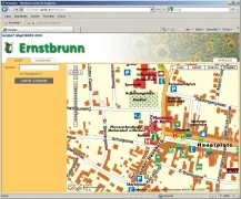 Ein Screenshot einer Karten-Oberfläche mit dem Namen Ernstbrunn oben. Die Karte ist gelb gefärbt und hat verschiedene farbige Markierungen, die verschiedene Orte anzeigen.