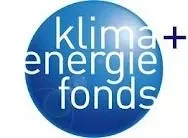 Ein blauer Kreislogo mit dem Text 'klima energie fonds' in weißer Schrift.