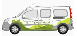 Eine Illustration eines weißen und grünen Vans mit dem Text 'Ernsti-Mobil' und '0664/189 21 15' an der Seite.