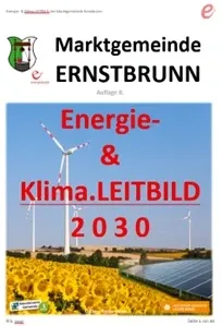 Ein lebendiges Bild, das ein Feld mit Sonnenblumen und im Hintergrund Windturbinen und Solarpanele zeigt, was das Thema Energie und Klimaführerschaft bis 2030 repräsentiert.