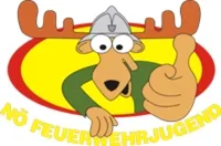 Ein Cartoon-Elch, der einen Helm trägt und einen Daumen hochhält, mit einem gelben und roten Kreis darum.
