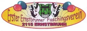 Das Logo des Ernstbrunner Faschingsvereins, mit einem gelben Oval, einem grünen Maskenbild und Luftballons in den Ecken, zusammen mit dem Text 'Ernstbrunner Faschingsverein 2115 Ernstbrunn'.