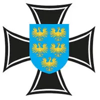 Ein blauer Schild mit vier goldenen Adlern, umgeben von einem schwarzen Kreuz auf weißem Hintergrund.