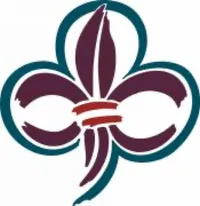 Das Bild zeigt ein Logo mit einer stilisierten Blume, die von einem blauen Umriss und einem roten Streifen in der Mitte umgeben ist.