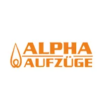 Das Logo für Alpha Aufzüge, mit einem stilisierten orangefarbenen Tropfen und dem Text 'ALPHA AUFZÜGE' in fetter, serifenloser Schrift.