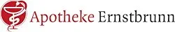 Das Logo für Apotheke Ernstbrunn, mit einem roten Kreuz in der Mitte, umgeben von einer Schlange und einem Stab, auf weißem Hintergrund.