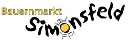 Das Bauermarkt Simonsfeld Logo zeigt ein stilisiertes Spinnennetz mit einem gelben Kreis in der Mitte, umgeben von dem Wort 'Simonsfeld' in fetten schwarzen Buchstaben.