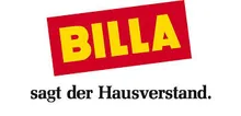 Das Bild zeigt ein rotes und gelbes Logo mit dem Wort 'BILLA' in fetten gelben Buchstaben auf weißem Hintergrund. Unter dem Logo befindet sich der deutsche Satz 'sagt der Hausverstand', was 'sagt der gesunde Menschenverstand' bedeutet.