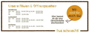Ein Dokument mit braunem Rand zeigt die Öffnungszeiten eines Unternehmens. Der Text ist in Deutsch.