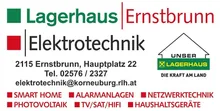 Ein Visitenkarte für Lagerhaus Ernstbrunn Elektrotechnik, mit ihrer Adresse, Telefonnummer, E-Mail und angebotenen Dienstleistungen.