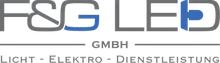 Das Logo der F&G LED GmbH zeigt ein fettes, großgeschriebenes 'F&G' mit einem kleineren, stilisierten 'LED' in Blau, vor schwarzem Hintergrund. Der Name des Unternehmens und die angebotenen Dienstleistungen sind darunter in kleineren, großgeschriebenen Buchstaben aufgeführt.