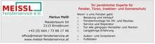 Ein Visitenkarte für Meissl Fensterservice e.U. Es enthält das Firmenlogo, Kontaktdaten und angebotene Dienstleistungen.