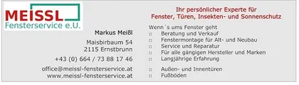 Ein Visitenkarte für Meissl Fensterservice e.U. Es zeigt den Firmennamen, Kontaktdaten und angebotene Dienstleistungen.