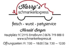 Ein Visitenkarte für Harrys Schmankerlexpress, mit einem roten Autologo, dem Firmennamen und Kontaktinformationen, einschließlich Telefonnummer, Website und Öffnungszeiten.