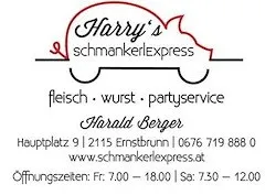 Visitenkarte für Harry's Schmankerlexpress, ein Fleisch- und Wurstladen mit Partyservice. Die Karte enthält den Namen des Besitzers, Harald Berger, und Kontaktdaten wie Telefonnummern und Website.