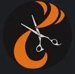Ein schwarzer Kreis mit einem orangefarbenen Wellenmuster in der Mitte. Ein Paar Scheren liegt auf der Welle, mit offenen Klingen und nach oben gerichteten Griffen.
