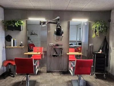 Ein moderner Friseursalon mit roten Stühlen und einem schwarzen Trolley. Es gibt zwei Spiegel, eine Lampe und eine Topfpflanze an der Wand.