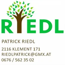 Ein Logo für Patrick Riedl, ein Unternehmen, das einen Baum mit grünen Blättern und den Text 'RIEDL' in grüner Schrift enthält.