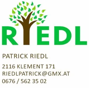 Ein Visitenkarte für Patrick Riedl mit einem grünen Baumlogo, Kontaktdaten und einer Website-Adresse.