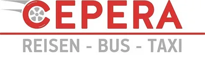 Das Logo für CEPERA, ein Reisebüro, das Bus- und Taxiservices anbietet, zeigt ein rotes Rad und den Firmennamen in fetten roten Buchstaben auf weißem Hintergrund.