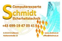 Ein Visitenkarte für Computerexperte Schmidt Sicherheitstechnik, mit einem gelben 'S' Logo, Kontaktdaten und einem blau-gelben abstrakten Design.