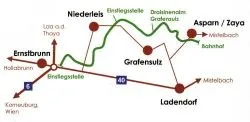 Eine Karte, die verschiedene Orte und Routen zeigt, einschließlich Niederleisin, Ernstbrunn und Grafensulz, mit Pfeilen, die Richtungen und Entfernungen angeben.