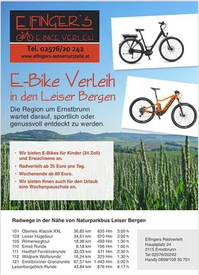 Eine Werbung für E-Bike Verleih in den Leiser Bergen, mit einem schwarzen und orangen Fahrrad auf weißem Hintergrund.