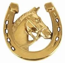 Ein goldenes Hufeisen mit einem Pferdekopf in der Mitte, das Pferd hat ein Zaumzeug und schaut nach links.