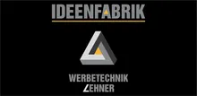 Das Logo von Ideefabrik Werbetechnik Zehner, mit einem geometrischen Dreieck mit einem gelben Dreieck im Inneren, auf schwarzem Hintergrund.