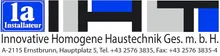 Das Logo von Innovative Homogene Haustechnik Ges. m. b. H. wird angezeigt. Es zeigt ein blaues Quadrat mit dem Buchstaben 'la' in weiß und ein schwarzes und blaues Design mit den Buchstaben 'IHT'. Die Adresse und Kontaktinformationen des Unternehmens sind ebenfalls enthalten.
