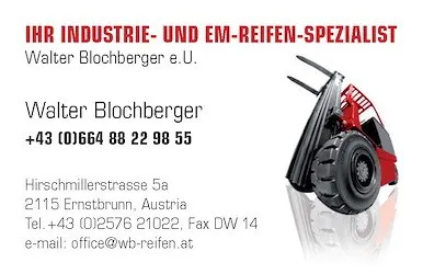 Ein Visitenkarte für Walter Blochberger, einen Industrie- und Reifenspezialisten, mit einem roten Gabelstapler mit schwarzem Reifen und einer Kontaktnummer.