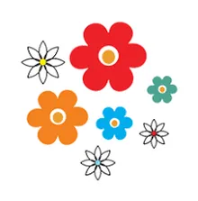 Eine Sammlung von sechs Blumen in verschiedenen Farben und Größen, jede mit einem eigenen Design, in einem kreisförmigen Muster auf einem weißen Hintergrund angeordnet.