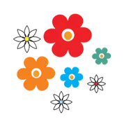 Eine Sammlung von sechs Blumen in verschiedenen Farben und Stilen auf schwarzem Hintergrund.