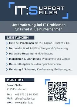 Ein Flyer für IT-Unterstützungsdienste von Jakob Sailer, einschließlich Hilfe bei PCs, Laptops, Druckern, Netzwerken und Hardware-Reparatur. Kontaktinformationen sind angegeben.