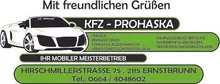 Eine Werbung für eine Autoreparaturdienstleistung namens KFZ-Prohaska. Die Anzeige zeigt einen weißen Sportwagen vor einem grünen und schwarzen Hintergrund. Der Text enthält den Namen des Unternehmens, die angebotenen Dienstleistungen und die Kontaktdaten.
