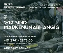 Eine Werbung für MA2115, eine Autowerkstatt. Das Bild zeigt den Motorraum eines Autos mit dem Text 'Wir sind markenunabhängig' und einer Kontaktnummer.